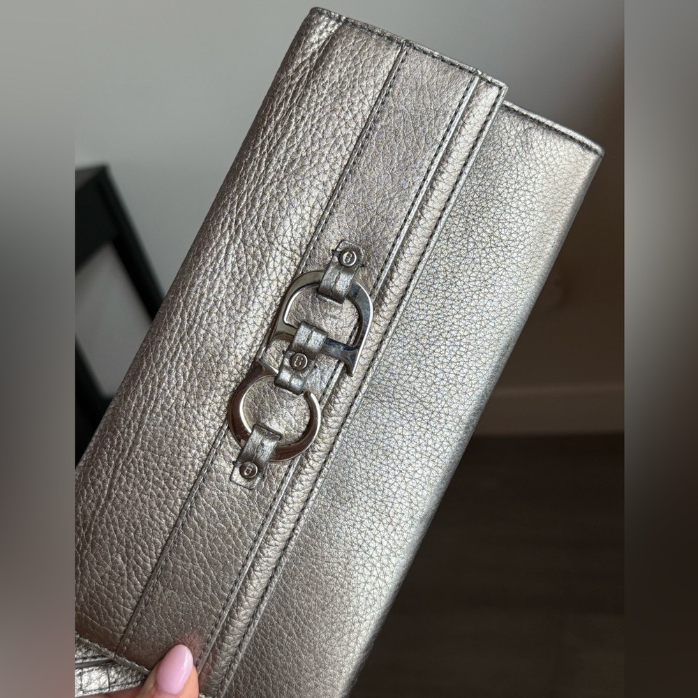 Dior Vintage Leather Clutch Wristlet Bag Silver Metallic Color
